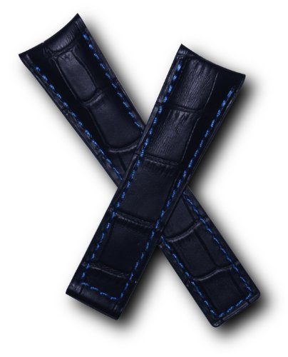 WatchstrapworldTH-GC-01-0631 - 22 mm Black Crocodile-Style Leather Deployment Watch Strap with Blue Stitching Compatible with TAG Heuer Carrera and Grand Carrera Models Listed Below