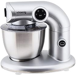 H.Koenig Robot Pétrin Professionnel Multifonctions 5.5L KM80 Inox gris Puissant 1000W, Robot Cuisine Pâtissier Pétrin 4 vitesses, Fouet, Batteur, Crochet, Pétrisseur, Couvercle anti-éclaboussure