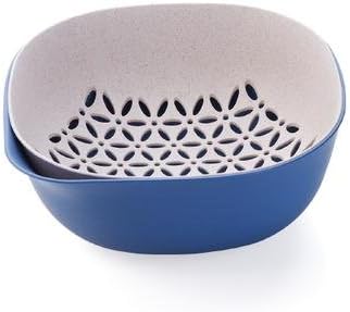 &amp;ZHOU Kitchen supplies,Wheat straw material, double layer, wash basket, kitchen vegetables pots, household living room fruit plate , blue