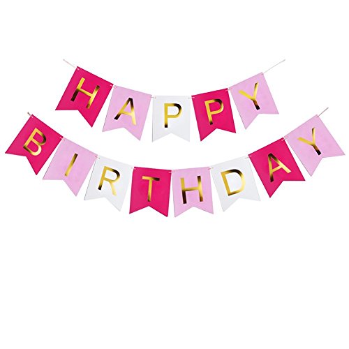 Happy Birthday Girlande Geburtstag Deko Set, Rosa Happy Birthday Banner und 6 Pcs Pompoms - 2