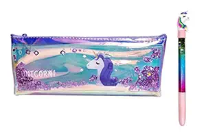 Arishto Multipurpose Transparent, Holographic & Hardtop Type Pencil Pouch/Case with Filled Sequin Water for Kids (Unicorn Holographic Pouch with Unicorn Pen (Random))