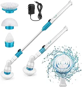 BABO & BABY Plastic Electric Spinning Scrubber Machine Bathroom Tiles Cleaner Tool with 3 Replaceable Brushes | for cleaning bathtub | bathroom floor | toilet | tiled wall | sinks and swimming pool | door slots | shower windows | bathroom cleaner brushes | Brushes and Long Extension Handle | flat brush head | half round head,corner brush | [Rechargeable, White and Blue]