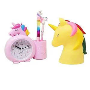 GoMerryKids Combo Pack of Unicorn Alarm Clock with Pen Stand Unicorn Lamp Unicorn Water Pen and Pencil for Kids Room Decoration Decor for Girls