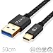 Produktbild 0,5m Nylon USB 3.0 Typ C Kabel schwarz, USB auf USB Typ C Ladekabel, Datenkabel, Goldstecker, geflochtenes Kabel (Braided)