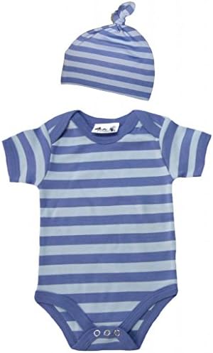 DFUK, Baby Striped Bodysuit with matching One Knot Hat, 3-6m, Dusty Blue &amp; Blue stripes