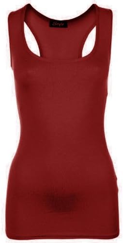 Ladies Plain Long Bodycon Racer Back Muscle Vest Womens Sleeveless Maxi Gym Top (S/M 8-10, WINE)
