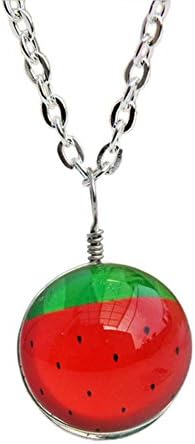 Fengteng Round Shape Glass Time Watermelon Pendant, Girl Cabochon Stone Watermelon Necklace, Women's Fruit Necklace with Silver Color Chain, Modern Fruit Jewelry