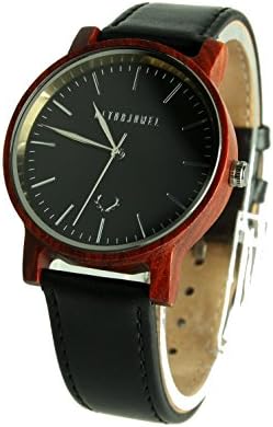 Naturjuwel vintage wood watch handmade in brown with a real black genuine leather wristband including a gift box for men women unisex