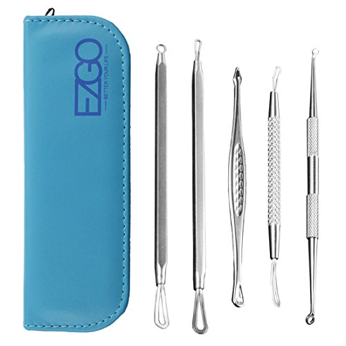 EZGO Blackhead & Blemish Remover Kit/Tool, 5 Professional Surgical Extractor Instruments, Cure Pimples, Blackheads, Comedones, Acne (Blue)