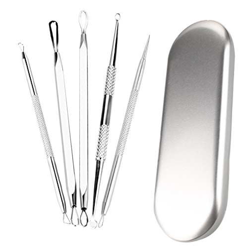 5 Stücke Mitesserentferner -Komedonenquetscher Set Aus Edelstahl+Kostenlos Benutzerhandbuch - Doppelseitig -Nagelhautschieber Werkzeug Professionell Gesundheit Behandlung für Pickel Whiteheads Akne Extraktoren Risikofrei Glatte Nose Gesicht Haut