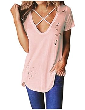 Beaii Damen Sommer Oversize Kurzarm Tiefe V-Ausschnitt mit Schnürung Vorne Loch Lose T-Shirt Bluse Oberteil Tops