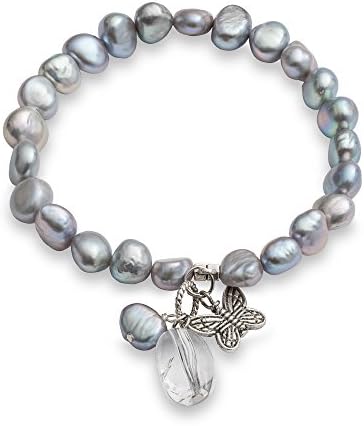 The Pearl Collection Grey Freshwater Pearl Bracelet with Silver Butterfly and Crystal Pendant