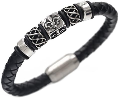 "QIDISI"316L Stainless Steel Braided Leather Bracelet Bangle Wrap double Leather Magnetic Clasp 20cm (White (twist))