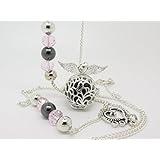 BOLA DE GROSSESSE, collier sautoir, AILE D'ANGE COULEUR ARGENT, CHAÎNE ORNEE DE PERLES DE VERRE, HÉMATITE ET CŒUR, bille de cuivre noir CADEAU FUTURE MAMAN
