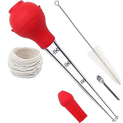 Home Servz Poires à sauce, injecteur,seringue - Acier inoxydable Aiguille de marinade et brosse de nettoyage,Pinceau à pâtisserie & ligne de cuisson naturelle Bonus