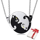  Pärchen Herren Damen Kätze Yin Yang Anhänger Kette 2PCS, Edelstahl schwarz silber Katze silber Lieben Freundschaftsketten