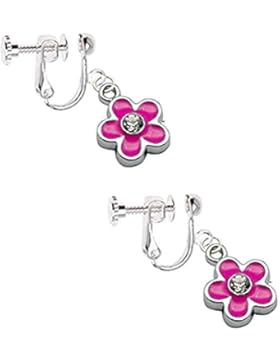 Kids Clip On Screw Type Earrings Pink Flower with Crystal with Free Trinket Gift Box