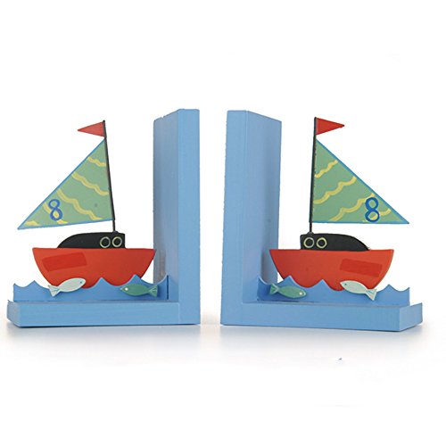 Baby Nursery Kids Sailing Boat Blue Wooden Bookends Room