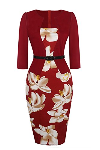 MisShow Robe de Travail pour Femmme Chic Elégante Imprimée à Fleurs Moulante au Genou Manche 3/4 Robe Femme Occssion Spéciale en Coton Bordeaux L