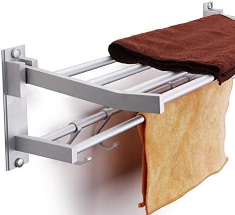 Kasliny Bathroom Double Towel Shelf Aluminium Alloy Wall Mounted Foldable Bath Towel Rack with 5 Hooks