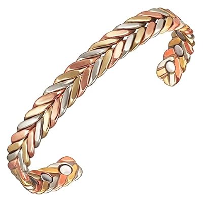 Enermagix Hand Crafted Magnetic Copper Bracelets For Women Or Men, 6.5'' Tri Tone Braided Copper Bangle, Cuff Bangle, Pure Copper Jewelry