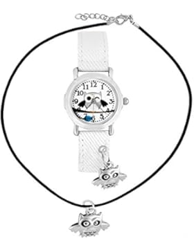 Crystal blue kids Kinder-Armbanduhr mit Kette Eule Anhänger Mädchen Uhr Analog Quarz weiss 202601