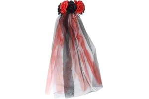RUIXIA Ladies Day of the Dead Mesh Veil with Roses Garland Vintage Halloween Carnival Party Headband Fancy Dress Flowery Adults Costume Hairband Gothic Corpse Bride Veil Headpiece Head Buckle Wreath (Red)