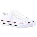  Stiefelparadies Bequeme Damen Schuhe Sneakers Low Cut Canvas Schuhe Basic Schnürer 120611 Weiss Rotstreifen 38 Flandell