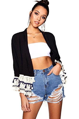 Preisvergleich Produktbild Damen Schwarz Jade Tassel Crochet Kimono Jacket - S