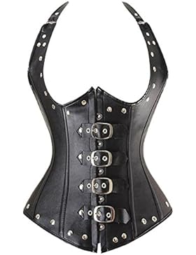 Beauty-You Damen Unterbrust Korsett Steampunk Kunstleder Mieder Stahlknochen Schnallen Schwarz