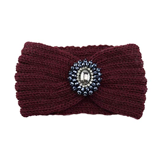 Covermason Haarband Damen Winter, Frauen Stricken Stirnband Warmes Strass Glitzer Stirnbänder Turban Hairband (Wein (b))