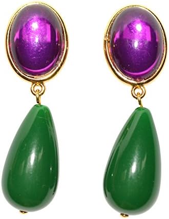 Very Pompous Gold Plated Clip Earrings with Purple Stone and a Tear Drop Shaped Clear Dark Green Pendant