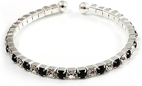 Black & Clear Crystal Thin Flex Bangle Bracelet (Silver Tone)