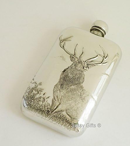 English Pewter Quality Hip Flask with Embossed Stag by Sassy Gifts