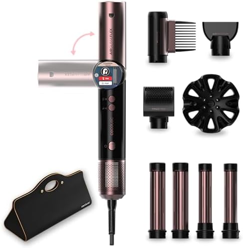 Cecotec Spazzola ad Aria Multistyler AirGlisse 8in1 Flex Black. 8 Accessori Intercambiabili, Manico Pieghevole, Display TFT, Tecnologia CoandaTech Anti Crespo, Custodia in Pelle, Styling Da Salone