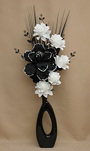 Handmade Artificial Silk Large Black Glitter Amp White Flower Grasses Leaf Spray Arrangement In 28cm Black Shiny Modern Ceramic Vase Buy Online In Grenada At Grenada Desertcart Com Productid 63078178