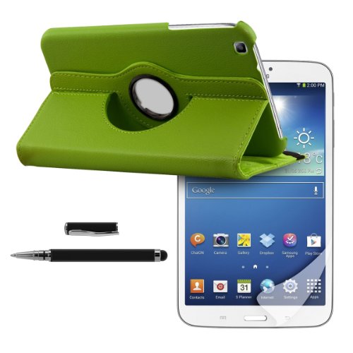 3in1 Set: kwmobile Hülle für Samsung Galaxy Tab 3 8.0 T3100 - 360° Standfunktion Case Tablet Schutzhülle Kunstleder - Smart Cover Tabletcase Grün + Folie, kristallklar + Stylus, Schwarz