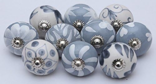 Indian Knobs Lot of 10 Grey and White Ceramic Knobs Handpainted Kitchen Cabinet Drawer Pulls Knobs 10
