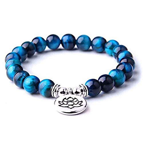 Wave Process Bracelet Fashion Véritables Pierres Naturelles Oeil de Tigre 8 mm et Symbole Lotus Femme & Homme Marque Française avec Pochette Coton de Protection (Turquoise, 19)