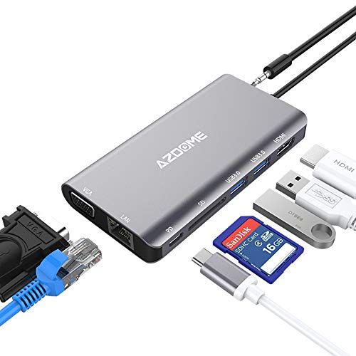 Hub USB C - Hub AZDOME tipo C (8 in 1) Adattatore con 4K @ 30Hz HDMI, VGA,USB 3.0 x 2, porta PD,scheda SD,Ethernet LAN 1000 m,jack audio da 3,5 mm,adattatore hub per MacBook/MacBook Pro 2016/2017/2018