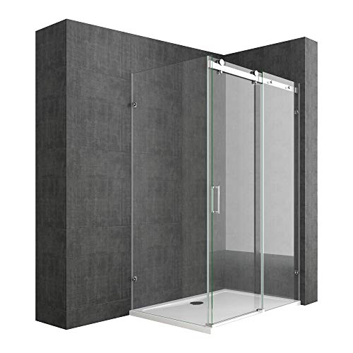 Duschabtrennung Ravenna17-2 8mm ESG in Klarglas & Duschtasse 90x120cm Schiebetür L-Form 4-Punkt Halterung
