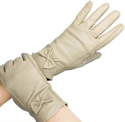 Ladies Soft Real Genuine Leather Lined Warm Bow 2 Stitches Winter Gloves Medium Size (comes with MK EUROPE packaging)