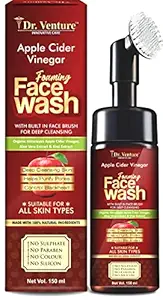 Dr Venture Apple Cider Vinegar Foaming Face Wash - with Organic Certified Himalayan Apple Cider Vinegar - No Parabens, Sulphate, Silicones & Color (with Built-in Brush) - 150mL