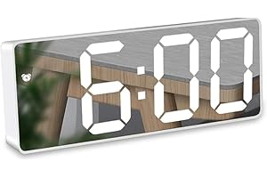 RUOVXWU Digital LED Mirror Alarm Clock with Temperature, Calendar, Voice Control Night Mode, Date Display for Bedroom - Adjustable Brightness, Snooze (White)