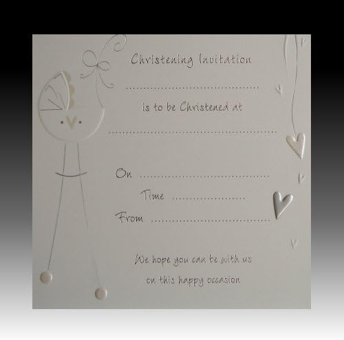 Pack of 10 Christening Bow luxury card invitations with envelopes - white and silver