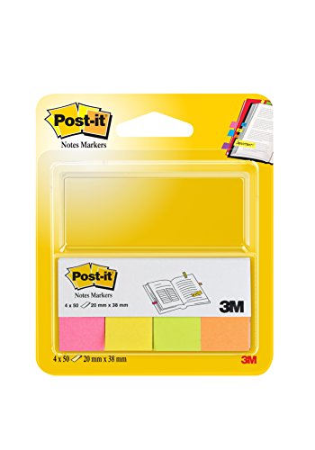 Notes Markers, Assorted Neon Colours, 4 Pads 20 mm x 38 mm, 50 Sheets/Pad - to Mark, Highlight or Color Code Important Information