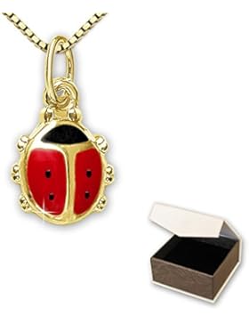 CLEVER SCHMUCK-SET Goldener Kinder Anhänger Mini Marienkäfer 8 mm rot und schwarz lackiert glänzend 333 GOLD 8...