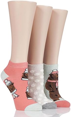 Ladies 3 Pair SockShop Wild Feet Grizzly Bear Trainer Socks - Assorted 4-8