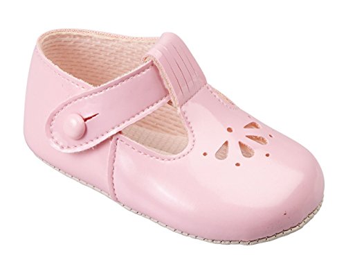 Baby T Bar Pram Shoes with petal punch cut pattern - Made in England by Early Days Baypods (Pink Patent 12-18 months)
