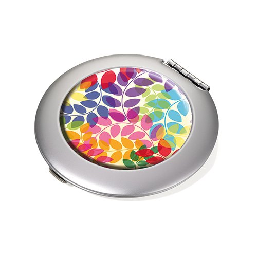 TROIKA COLOURFUL LEAVES TASCHENSPIEGEL – #COM03-A084 – rund, silber – Spiegel und Vergrößerungsspiegel (1:2) – glänzend verchromt – mit Design-Aufkleber – Aluminium – TROIKA-Original